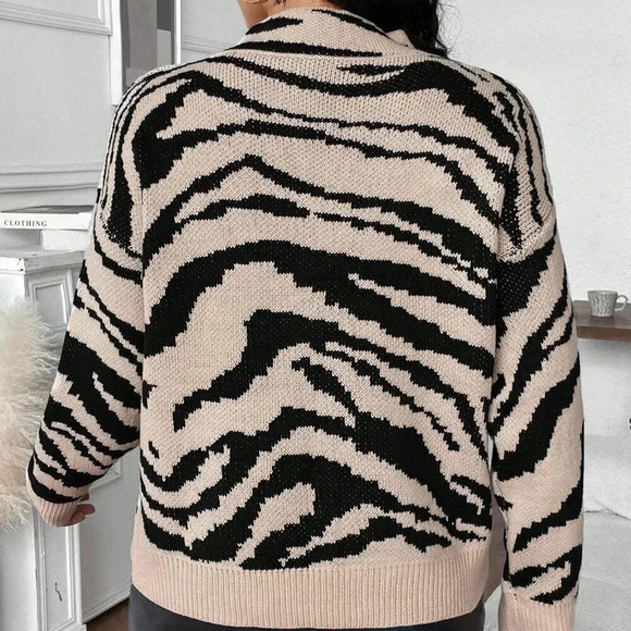 Multicolor Casual Women's Plus Size Long Sleeve Zebra Stripe Pullover Sweater - Picture 2 of 6